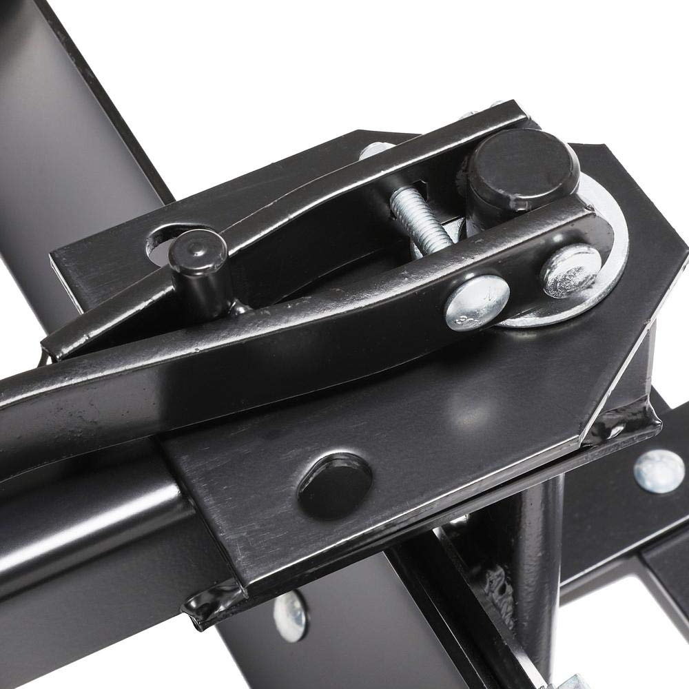 Close-up of the Brinly Parts 38” Sleeve Hitch Box Scraper (BS-381BH) features a black metal clamp mechanism on a square frame with a lever and visible bolts, ideal for grading tasks.