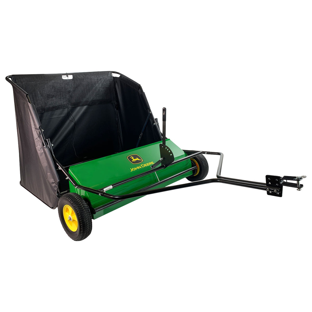 The John Deere 42 in. 24 cu. ft. Tow-Behind Lawn Sweeper boasts a wide sweeping path, durable black mesh collection bag, and vibrant yellow wheels, with an adjustable hitch and efficient brush mechanism for effortless debris collection.