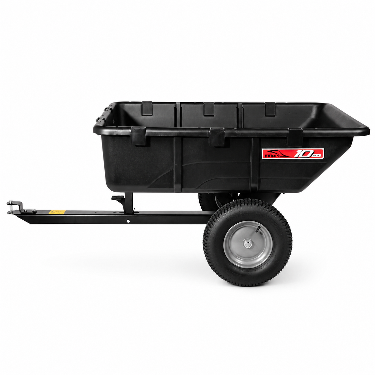 A Brinly Parts 10 Cu. Ft. Poly Cart (PCT-101BH) in black, featuring two large wheels and a metal towing handle, is displayed in profile against a white background.