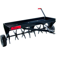 The Brinly Parts 48 Tow-Behind Plug Aerator (PA-482BH) features multiple steel spikes for soil penetration and a red handle. It is mounted on two rubber wheels and bears a red and white logo, ensuring effective root zone access with its durable design.