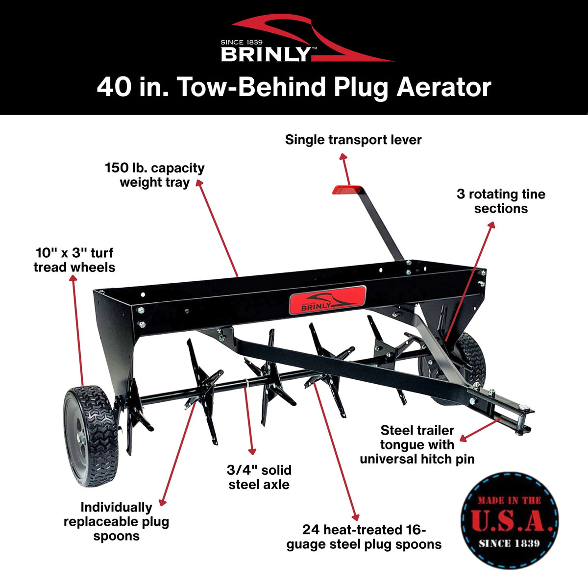 The Brinly Parts 40″ Tow-Behind Plug Aerator | PA-403BH has a steel frame, turf tread wheels, 24 steel plug spoons, labeled parts, and features the Brinly logo and Made in the USA badge—ideal for soil aeration.