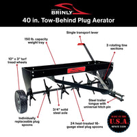 The Brinly Parts 40″ Tow-Behind Plug Aerator | PA-403BH has a steel frame, turf tread wheels, 24 steel plug spoons, labeled parts, and features the Brinly logo and Made in the USA badge—ideal for soil aeration.