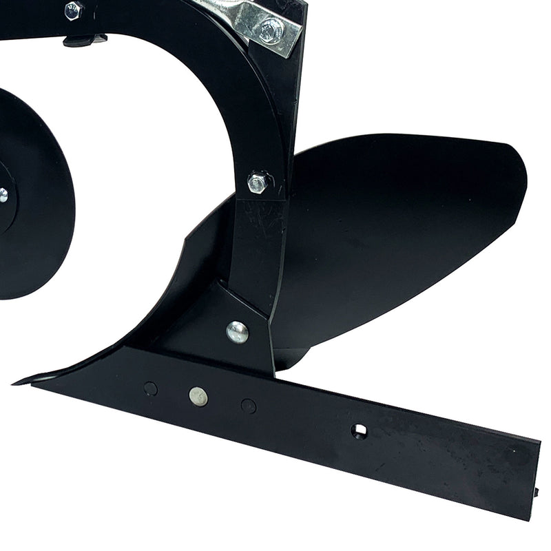 Close-up of Brinly Parts Sleeve Hitch Moldboard Plow | PP-510: A black metal attachment with curved and straight edges, assembled using bolts and screws. It features a sleek, sturdy design ideal for agriculture or gardening tasks.