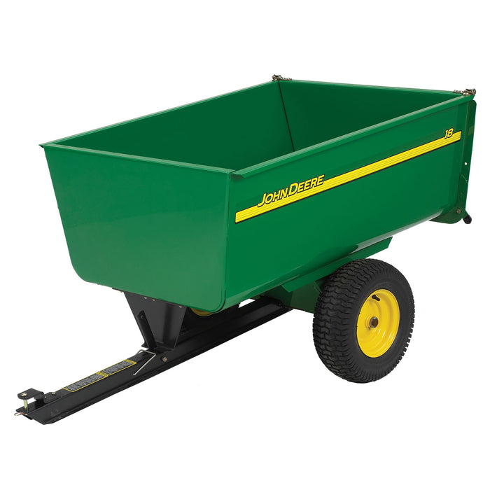 A green John Deere 18 cu. ft. Steel Utility Cart (HDC-180JD/LPHDC18JD) features a bracketless tailgate, two yellow wheels, a black towing hitch, and a rectangular shape with a yellow stripe and brand name on the side; it supports up to 500 lbs.