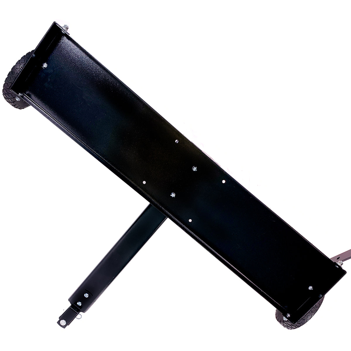 A black L-shaped metal structure with wheels at the ends, diagonally positioned on a white background, resembles the Brinly Parts 40″ Tow-Behind Spike Aerator (SAT2-40BH-G). Its long arm has assembly holes, indicating its made for tasks like lawn aeration.