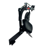 The Brinly Parts Sleeve Hitch Moldboard Plow (PP-510) is a versatile black metal tractor attachment for agricultural use, featuring two curved blades and a sturdy frame with visible bolts and screws. Its displayed against a plain white background.