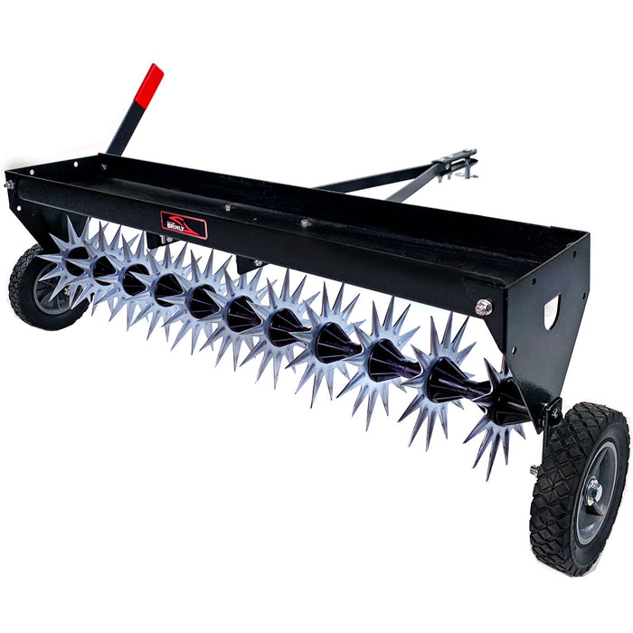 The Brinly Parts 40" Tow-Behind Spike Aerator (SAT2-40BH-P2) with extra-strength double tow bar and transport wheels easily aerates your yard when attached to your lawn tractor.