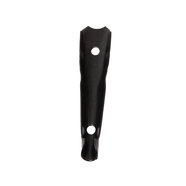 The Brinly Parts B-4855P-10 black metal bracket has a curved design with two circular holes and a glossy finish. It resembles a spoons handle and tapers slightly at one end.