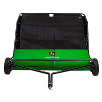 The John Deere 54 31 cu. ft. Tow-Behind Lawn Sweeper (LP83253/LS-54JD) features DOUBLE-HELIX brushes, a mesh collection bag, sturdy frame, two wheels, and a hitch for easy yard clean-up when attached to your lawn tractor.