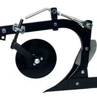 Close-up of the Brinly Parts Sleeve Hitch Moldboard Plow (PP-510) in black metal, featuring a disc blade and curved frame similar to rotary tillers, designed for soil tilling. It includes bolts and an adjustable lever at the top for easy attachment.