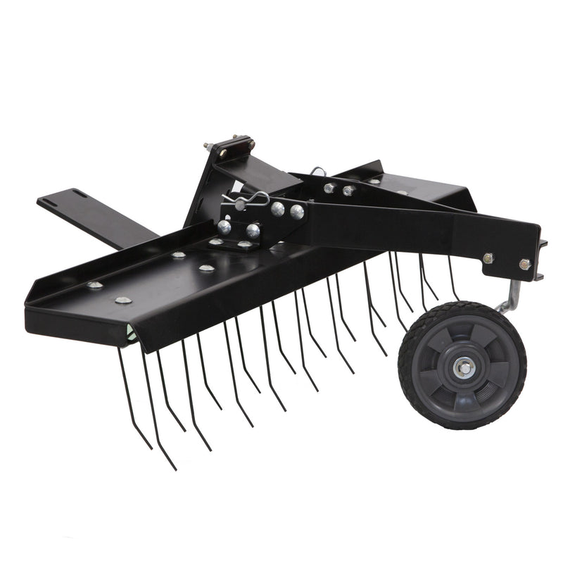 The Brinly Parts 38 in. Front Mount Dethatcher, model DT-38RY, is a durable black metal tool with multiple tines and two wheels. Its designed to attach to a RYOBI Electric Riding Mower or tractor, efficiently removing lawn thatch and debris with its sturdy frame and hooked wires.