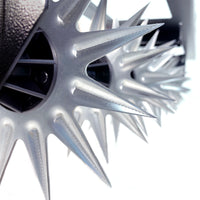 Close-up of sharp, metallic spiked wheels in a row; these are part of the Brinly Parts 40″ Tow-Behind Spike Aerator with Wide Channel Tow Bar (SA2-40BH-G), designed for efficient lawn aeration, set against a bright white background.