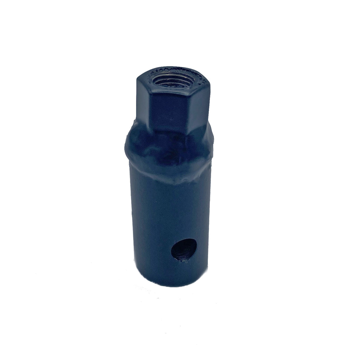 The KBH-OPLH by Brinly Parts is a dark cylindrical metal object with a hexagonal top and threaded opening, featuring a base hole for swift adjustments using a pin or bolt.