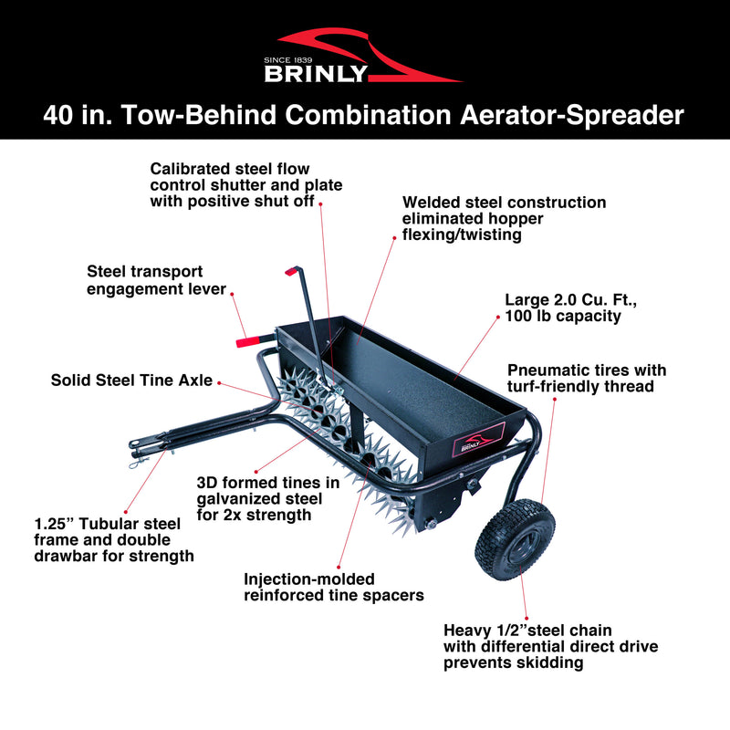 Image of the Brinly Parts 40 Combination Aerator Spreader (AS2-40BH-G) featuring pneumatic tires, a durable welded frame, a 100 lb. capacity hopper, steel tine axle, positive shut-off, and 3D-formed tines for enhanced durability.