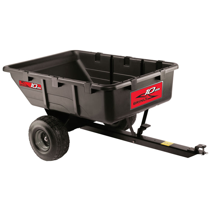 The Brinly Parts 10 Cu. Ft. Poly Cart (PCT-101BH) features a large durable plastic bed, two sturdy rubber wheels, and a metal towing hitch for easy ATV or tractor attachment. It has a black design with a red and white logo on the side.