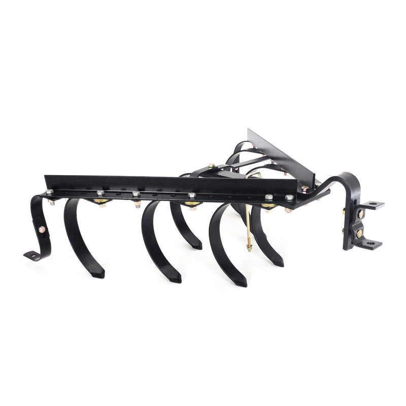 The Brinly Parts Sleeve Hitch Cultivator CC-560 is a black attachment with multiple curved tines and a horizontal support bar. Designed for tow-behind agricultural equipment, it features various bolts and fittings, perfect for aerating garden soil on a white background.