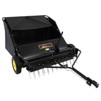 The Brinly Parts 42″ Lawn Sweeper with Dethatcher (STS-42BHDK-A) is a black 2-in-1 unit with yellow wheels, metal tines, large collection basket, and an easy-to-use handle for emptying debris.