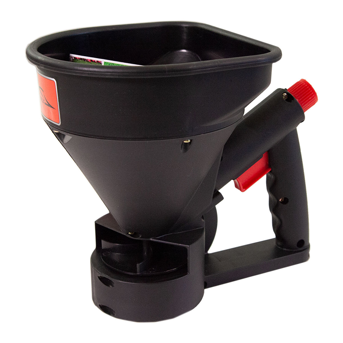 The Brinly Parts 5lb Capacity Handheld Spreader, model HHS3-5BH, is black with a red trigger and handle. Its perfect for dispensing seeds, fertilizer, or ice melt. Its funnel-shaped container ensures easy manual gardening or lawn care use.