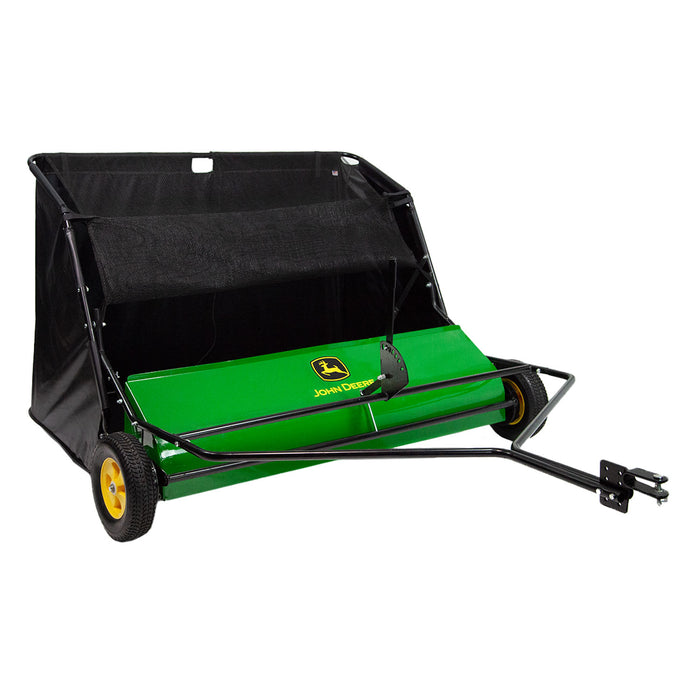 Image of a green John Deere 54 Tow-Behind Lawn Sweeper (LP83253/LS-54JD) with yellow wheels and black collection bag, ideal for yard clean-up. It has a metal frame, tow bar for attachment, brand logo on front, and features a patent-pending DOUBLE-HELIX brush system.