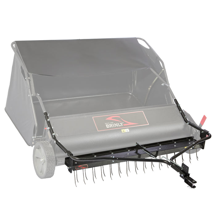 A black and gray Brinly Parts DK2-54BH dethatcher kit for 54" lawn sweepers features a collection bin, two wheels, and front metal tines; the Brinly brand appears on the front panel—ideal for efficient lawn care.