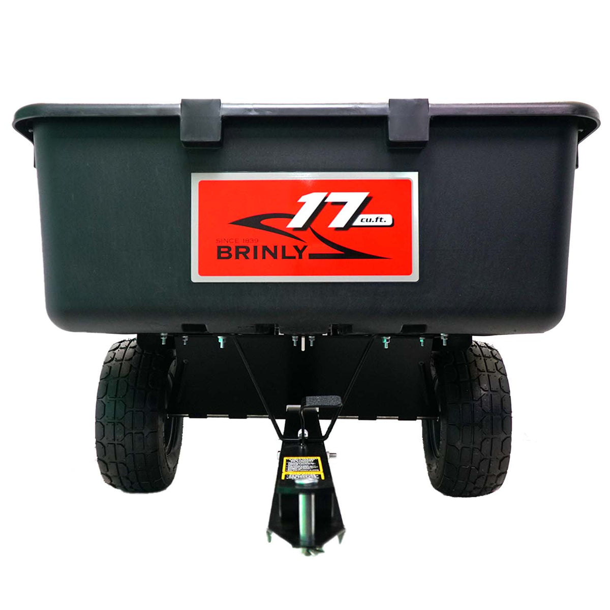 The Brinly Parts 17 Cu. Ft. Poly Cart (PCT-17BH) in black has large wheels, a rear red and white label, and delivers impressive hauling capacity for yard projects.