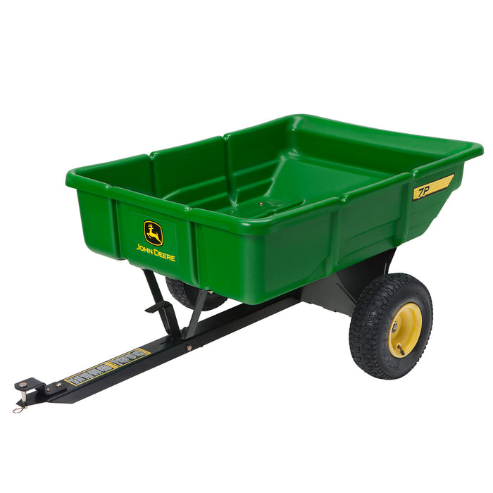 The John Deere 7 cu. Ft. Poly Cart | LP21935 features a green rectangular tub with two black wheels and the yellow John Deere logo, a strong black metal frame, and a towing hitch for easy attachment to vehicles.