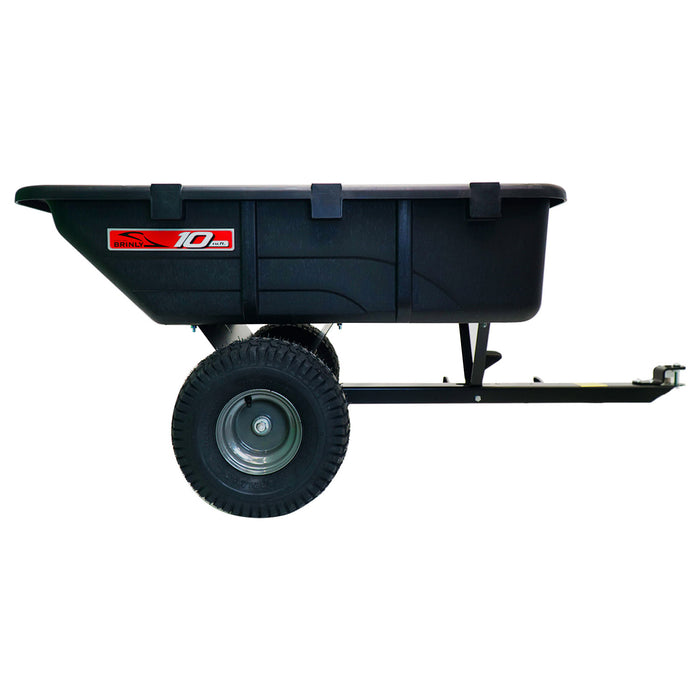 Side view of the Brinly Parts 10 Cu. Ft. Poly Cart | PCT-101BH; a black utility cart with large wheels and hitch. It features a rectangular container with the 10 cu ft logo, ideal for towing and carrying materials, making it the perfect lawn cart for gardening needs.