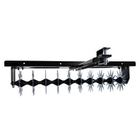 Side view of the Brinly Parts 40″ Tow-Behind Spike Aerator (SA2-40BH-G), featuring multiple spiked wheels on a wide channel tow bar with a clamp for attaching to equipment, designed to enhance lawn aeration.