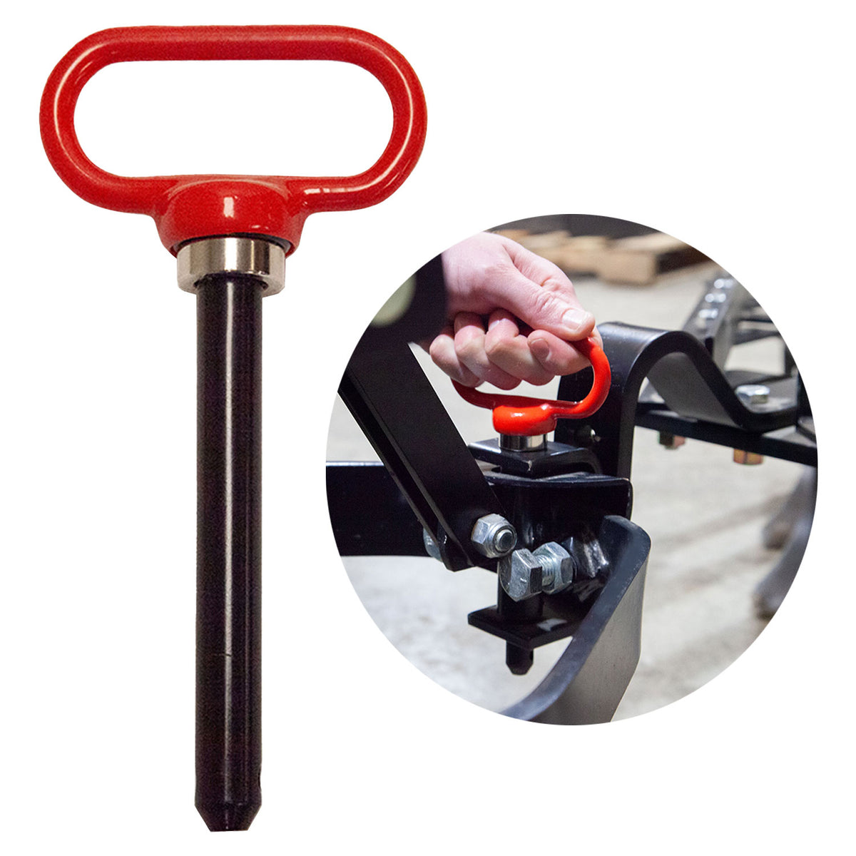 The Brinly Parts Magnetic Hitch Pin - 5/8 Inch with a red T-handle is shown. An inset image shows the pin being pulled to release a black metal frame, perfect for tow-behind lawn equipment and secured by bolts.