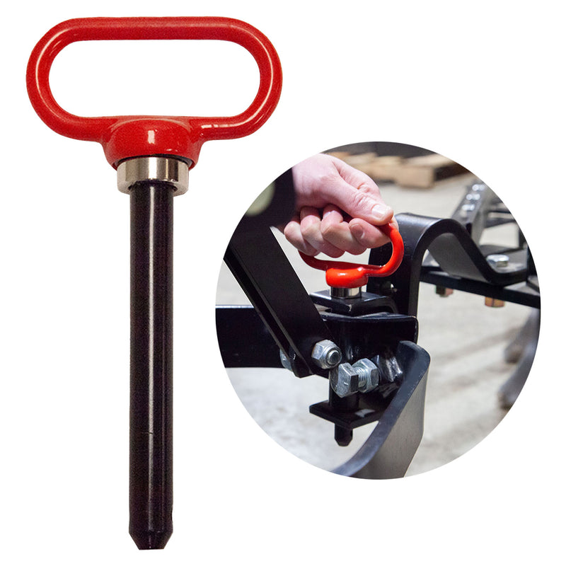 The Brinly Parts Magnetic Hitch Pin - 5/8 Inch with a red T-handle is shown. An inset image shows the pin being pulled to release a black metal frame, perfect for tow-behind lawn equipment and secured by bolts.