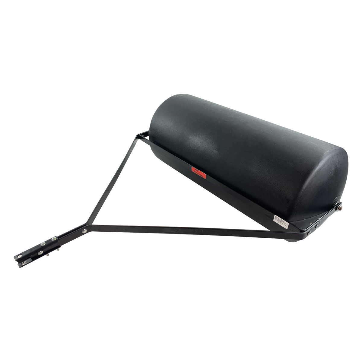 The Brinly Parts 42 Gallon Tow-Behind Poly Roller | PRT-362SBH, with its sleek black cylindrical design and metal handle, is ideal for lawn tractors. It offers a 390 lb. capacity and features a smooth surface with a rectangular hitch for seamless towing.