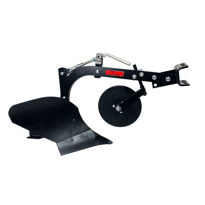 The Brinly Parts Sleeve Hitch Moldboard Plow | PP-510 is a black metal plow with a curved blade and circular cutting disc. It offers multiple attachment points and an adjustable handle, making it an ideal tractor attachment for efficient agricultural use.