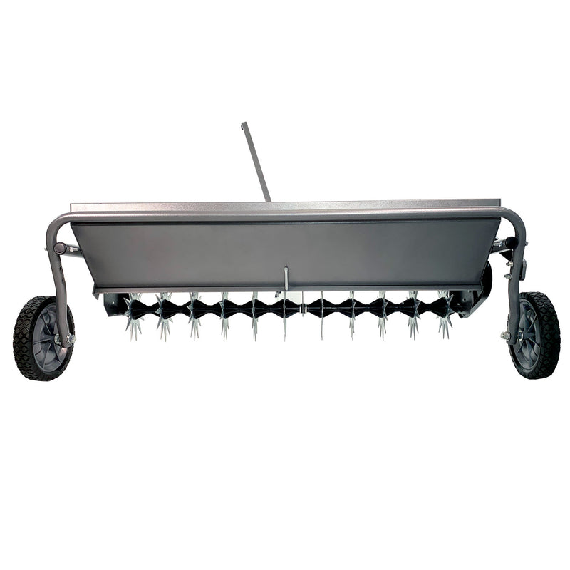 The 40 Combination Aerator Spreader by Brinly Parts in Hammered Gunmetal (AS2-40BH-S) features spiked tines, two side wheels, and a handle, efficiently aerating soil for better water absorption and healthier lawns.