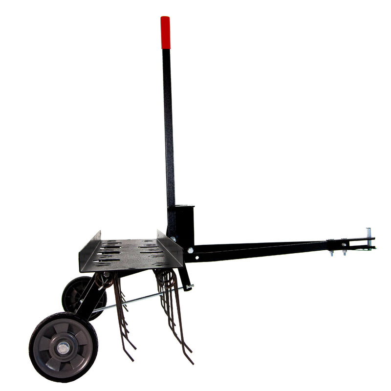 Side view of the Brinly Parts 40″ Tow-Behind Dethatcher (DT2-40BH-G) in black with wheels, a handle featuring a red grip, and multiple metal tines for effective thatch removal. Includes a tow bar for easy vehicle or lawnmower attachment. Background is plain white.