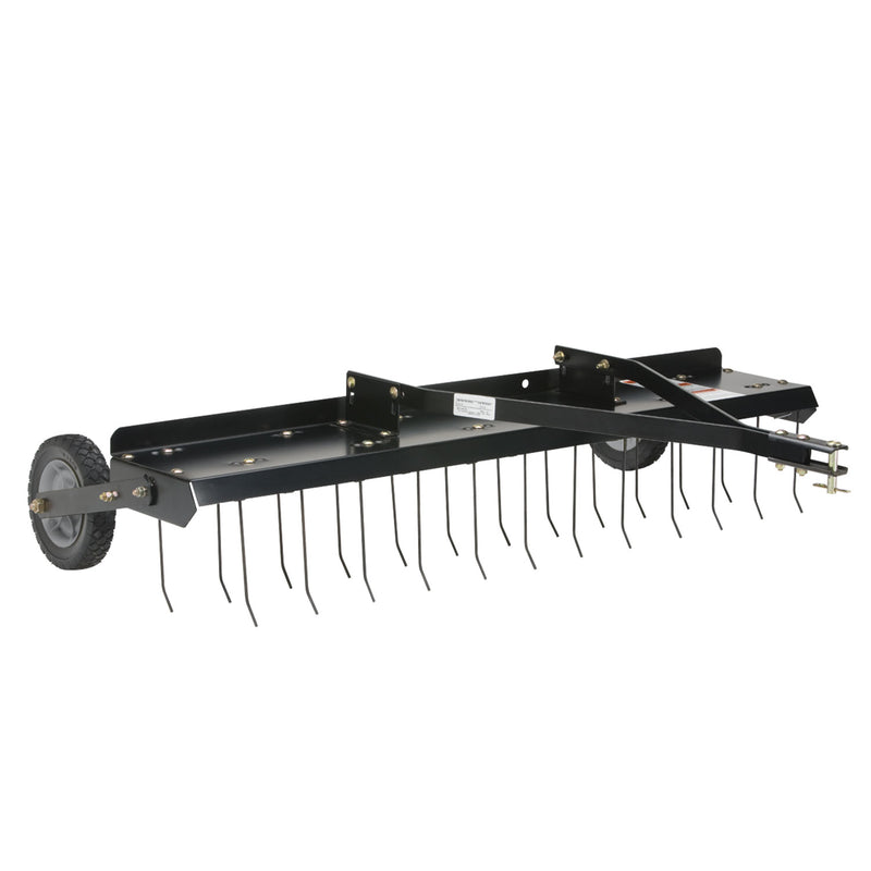 A black metal dethatcher with wheels and multiple spring tines, designed to attach to a lawn tractor for removing thatch from lawns. The tines are evenly spaced along a horizontal bar, and two wheels support the rear.