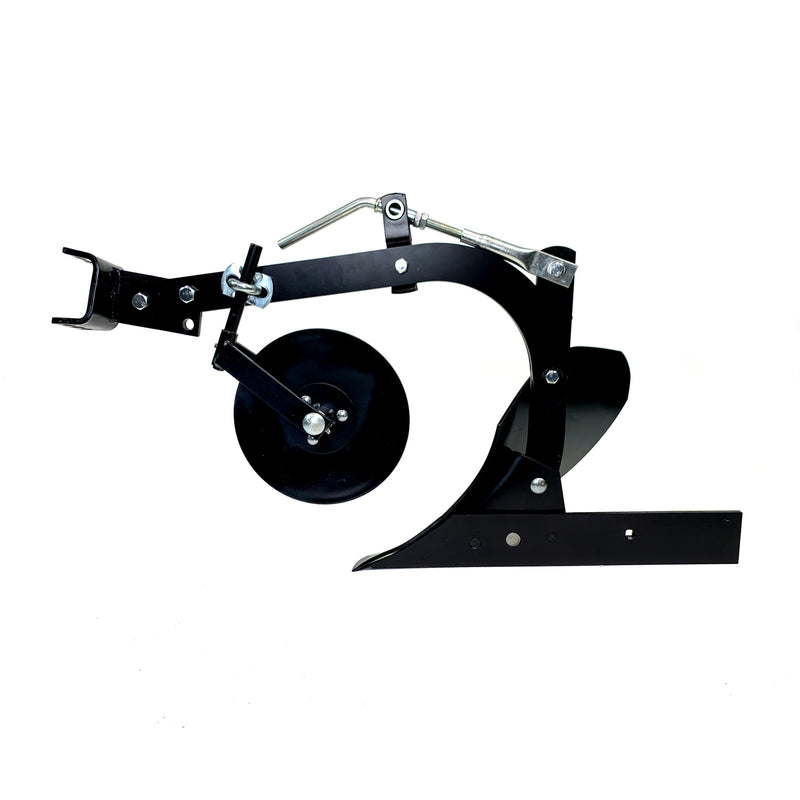 The Brinly Parts Sleeve Hitch Moldboard Plow (PP-510) features a black metal design with a circular disk blade, adjustable handles, and various bolts and levers for easy tractor attachment. Its displayed against a white background.