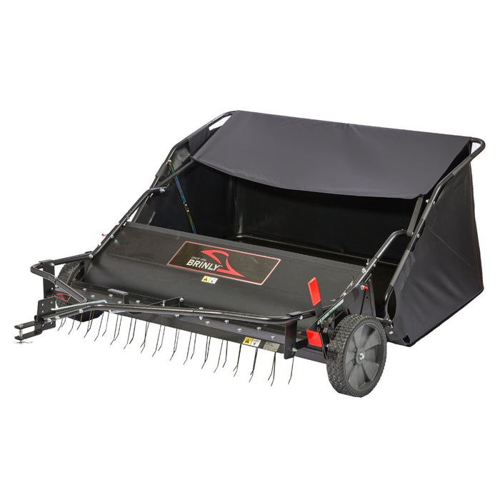 The Brinly Parts 54″ Combo Lawn Sweeper with Dethatcher (LSDT2-54BH-G) features a large hopper, sturdy wheels, and metal tines to efficiently collect grass clippings and debris from your lawn.