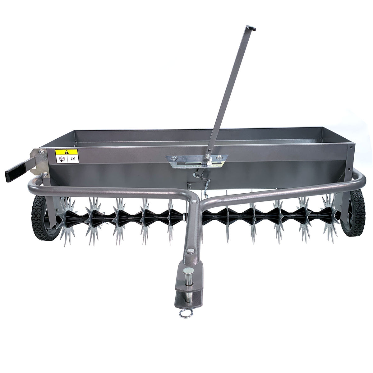 The Brinly Parts 40 Combination Aerator Spreader (AS2-40BH-S) in hammered gunmetal features spiked wheels, a large handle, two black tires, a top container for spreading, and a hitch for towing.