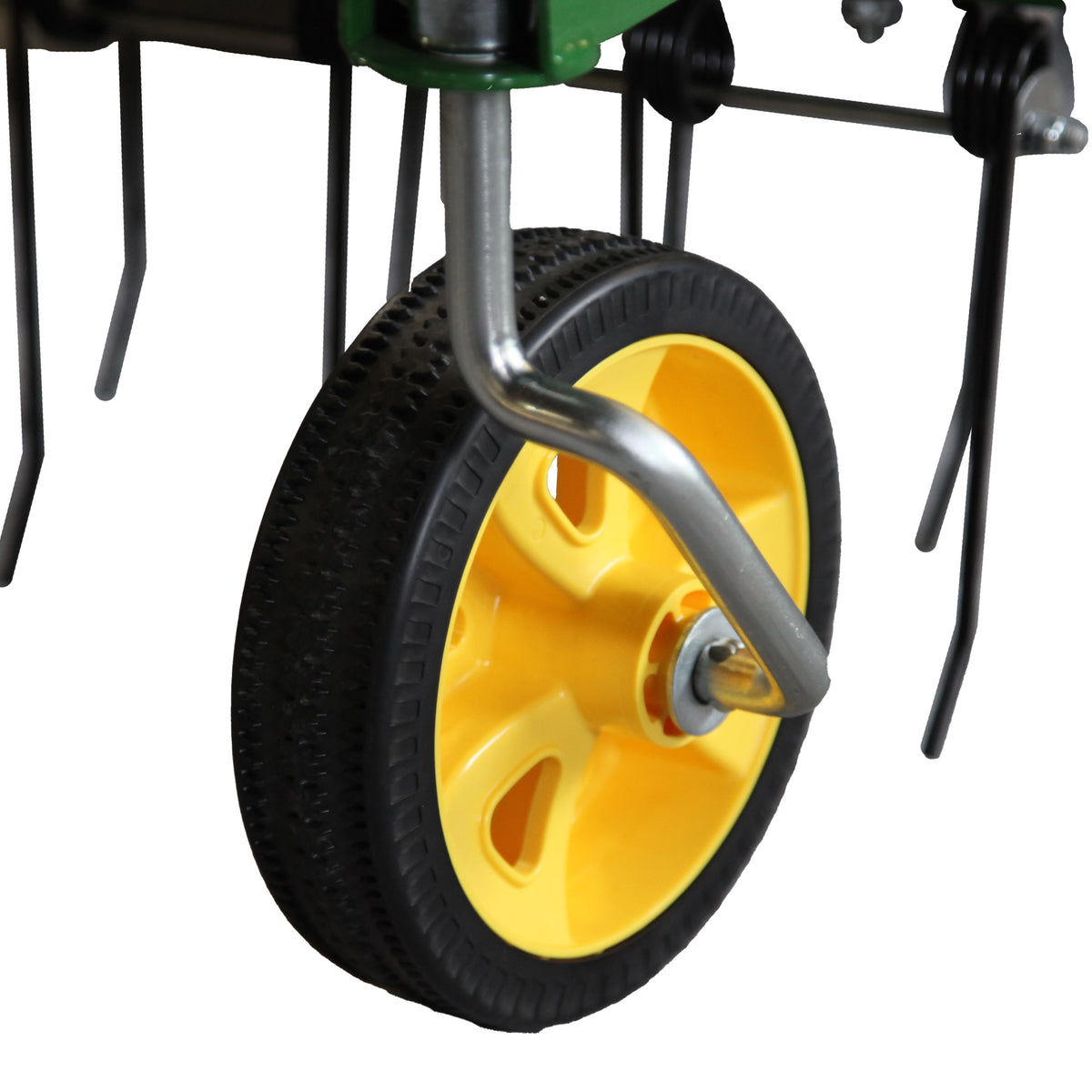 A close-up of the John Deere 38" Front-Mount Dethatcher (LP48004) shows its yellow wheel with a black tire attached to a metal frame, featuring several metal tines extending downward—an effective attachment by John Deere designed for thorough lawn maintenance.