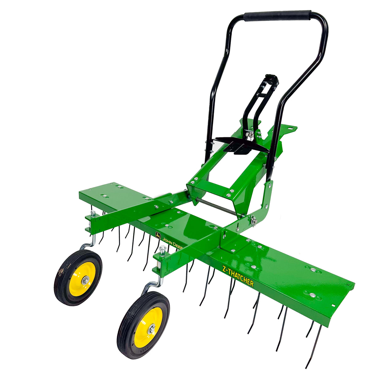 The John Deere Front-Mount 48 ZTR Dethatcher (model LP83252) features a black handle, two yellow-rimmed wheels, spring steel tines for removing thatch from grass, and John Deere branding on the side.