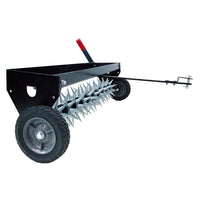 The Brinly Parts 40″ Spike Aerator with Transport Wheels & 3D Galvanized Steel Tines (SAT-401BH) features spiked rollers, a black tray, a red lever, and a hitch for easy towing—perfect for efficient lawn aeration.