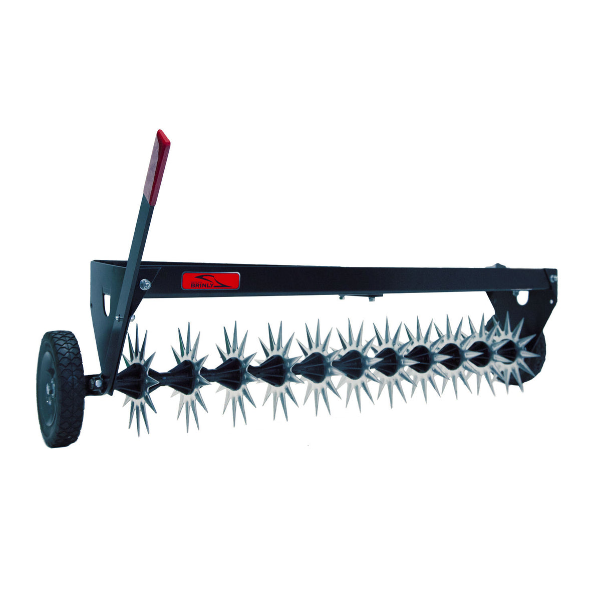 The Brinly Parts 40″ Spike Aerator with Transport Wheels & 3D Galvanized Steel Tines (SAT-401BH) features a durable black frame, handle, dual wheels, and a drum with sharp steel tines—ideal for efficient lawn aeration.