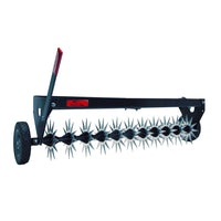 The Brinly Parts 40″ Spike Aerator with Transport Wheels & 3D Galvanized Steel Tines (SAT-401BH) features a durable black frame, handle, dual wheels, and a drum with sharp steel tines—ideal for efficient lawn aeration.