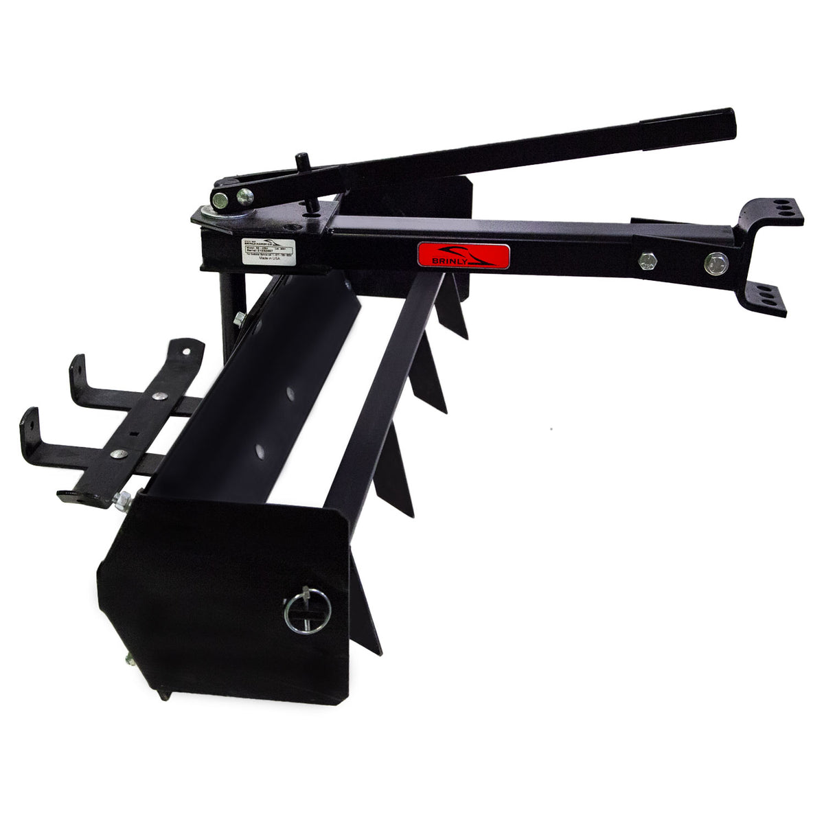 The Brinly Parts 38” Sleeve Hitch Box Scraper (BS-381BH) is a black metal scarifier featuring multiple angled teeth, a handle, and mounting brackets for sturdy landscape or soil prep. Its industrial design resembles a box scraper with an easy-to-spot red label near the top bracket.