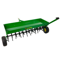 The Brinly Parts Plug Aerator - 48 in Tow-Behind is ideal for lawn aeration, featuring carburized steel tines and wheels, a rectangular metal tray for adding weight, and a hitch for easy attachment to a vehicle.