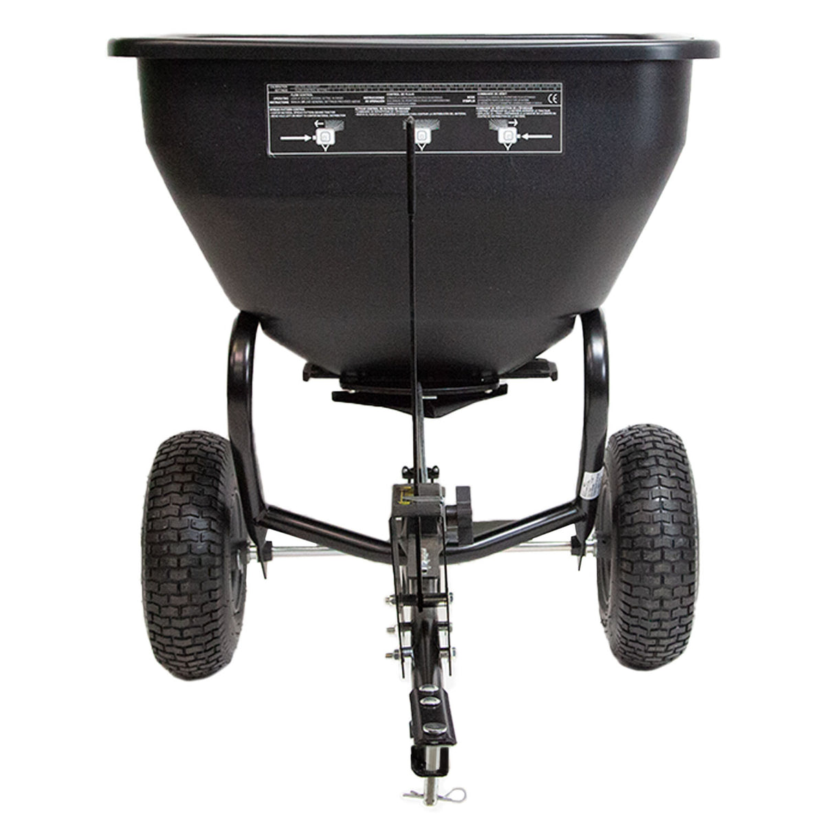 The Brinly Parts 175 Lb. Tow-Behind Spreader (BS36BH) features dual wheels and a universal hitch, with a rust-proof black polyethylene hopper designed for efficient seed or fertilizer distribution against a white background.