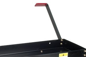 Close-up of a black metal bracket with a red angled top, connected to a flat black metal surface with visible screws.