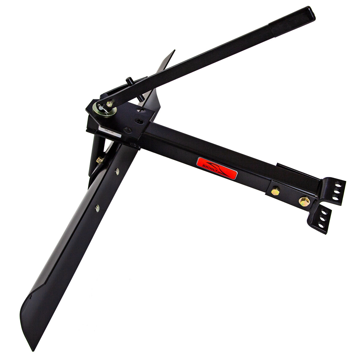 The Brinly Parts 42” Sleeve Hitch Rear Blade | BB-562 is a black metal angled snow plow blade with attachment arms, handle, bolts, and brackets for secure lawn tractor attachment. It features a red label and is ideal for landscaping tasks against a white background image.