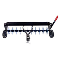 The Brinly Parts 40 Tow-Behind Spike Aerator (SAT2-40BH-P) features a double tow bar, transport wheels, and a sturdy build—perfect for pairing with your dethatcher for efficient, professional-quality lawn care.
