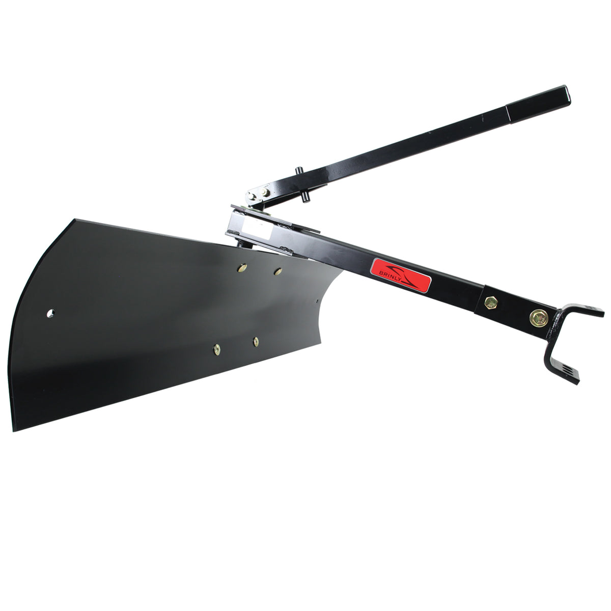 The Brinly Parts 42” Sleeve Hitch Rear Blade (BB-562) is a black metal attachment with a sturdy frame, curved blade, mounting holes, and two angular support arms on top. It includes a hook at the end—ideal for lawn tractor landscaping tasks like pushing or plowing material.